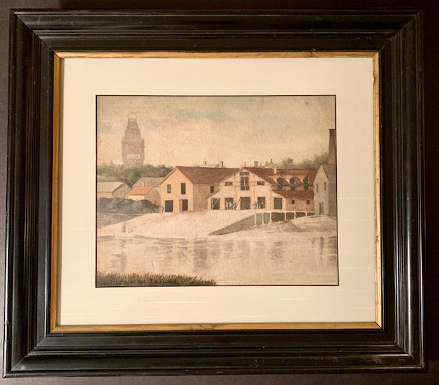 Item #17737 1885 Watercolor of Harvard's Original Boathouse. E M. Fairchild.