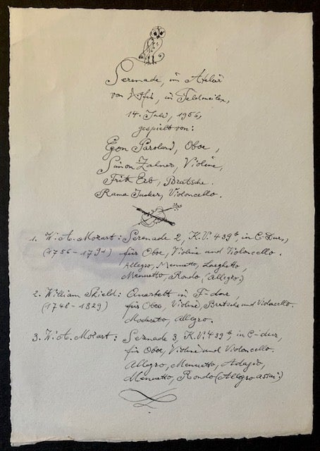Item #18489 Handwritten Concert Program ("Serenade, im Atelier"). Hans Fischer.