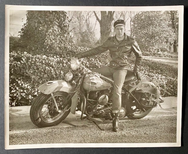 Item #20599 Vintage Photograph of a Motorcyclicst on His Harley-Davidson. Marshall Hathaway.