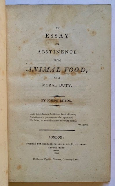 Item #21012 An Essay on Abstinence from Animal Food, as a Moral Duty. Joseph Ritson.